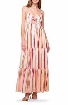 FLYING TOMATO Stripe Tie Front Tiered Maxi Dress