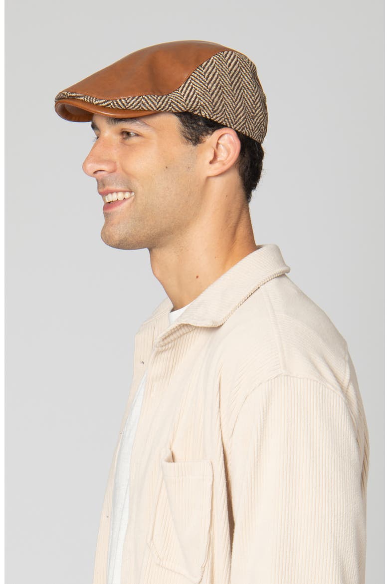 Faux Leather Herringbone Driving Cap, Alternate, color, BROWN