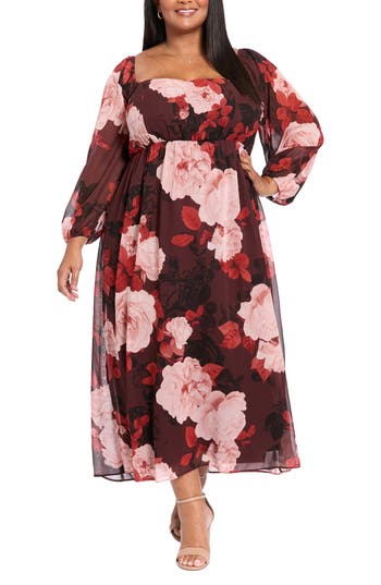 London Times Square Neck Long Sleeve Maxi Dress In Multi