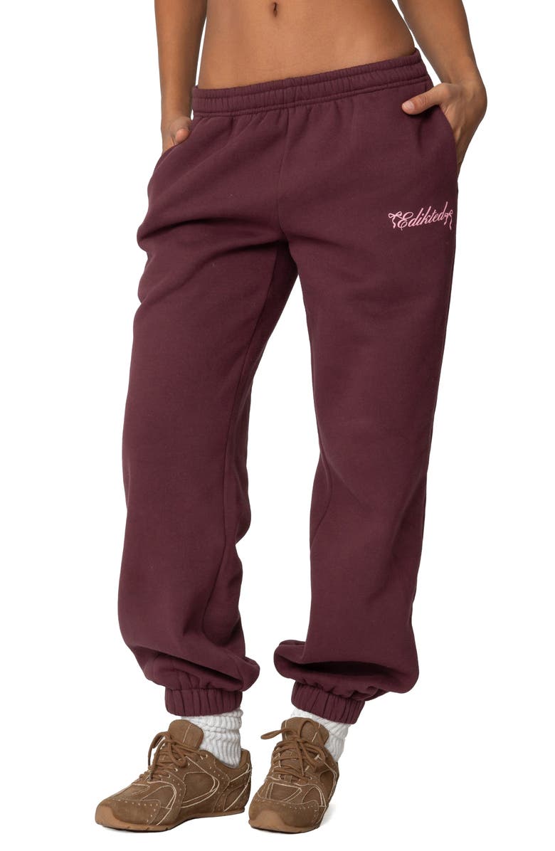 EDIKTED Sasha Bow Detail Sweatpants, Main, color, Burgundy