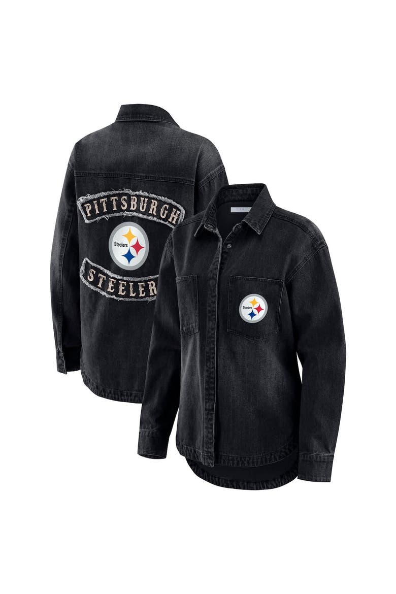 Women's WEAR by Erin Andrews Black Pittsburgh Steelers Washed Oversized Denim Full-Snap Shacket, Main, color, Black