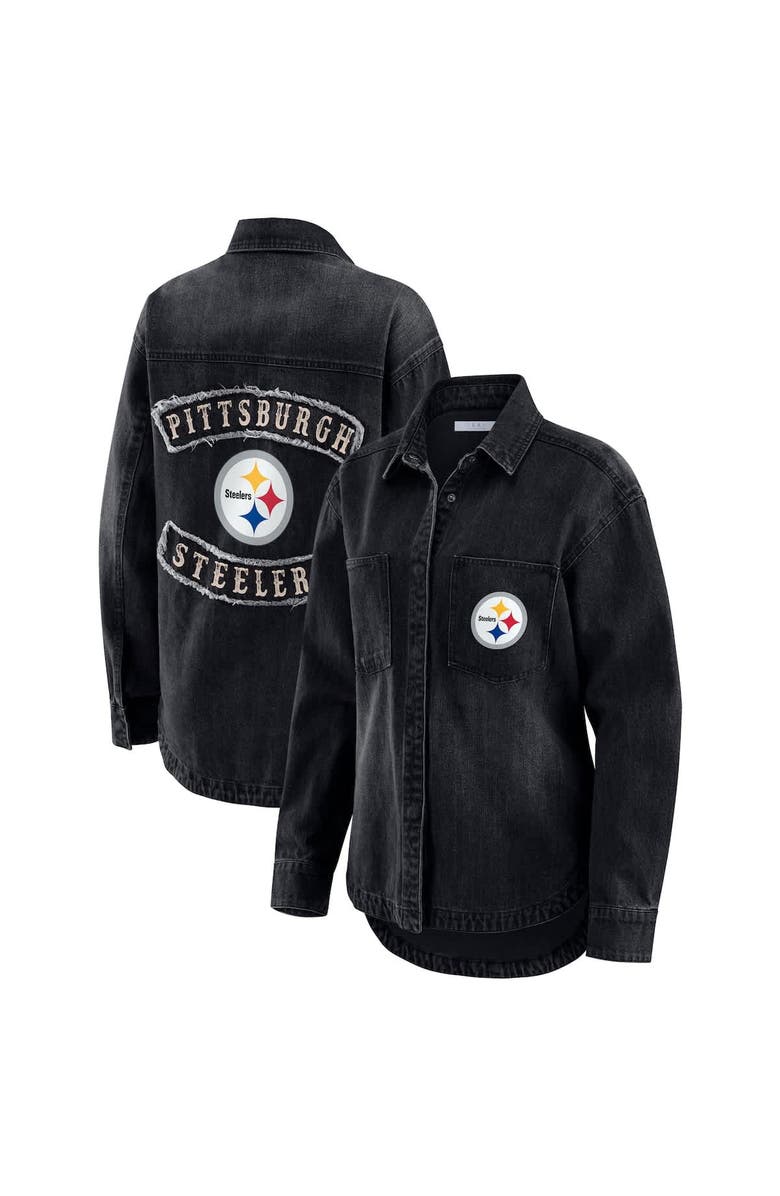 WEAR by Erin Andrews Women's WEAR by Erin Andrews Black Pittsburgh Steelers Washed Oversized Denim Full-Snap Shacket, Main, color, Black