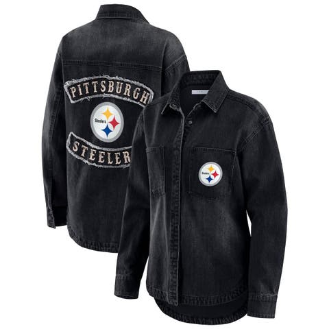 Women's WEAR by Erin Andrews Black Pittsburgh Steelers Washed Oversized Denim Full-Snap Shacket
