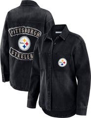 WEAR by Erin Andrews Women's WEAR by Erin Andrews Black Pittsburgh Steelers Washed Oversized Denim Full-Snap Shacket