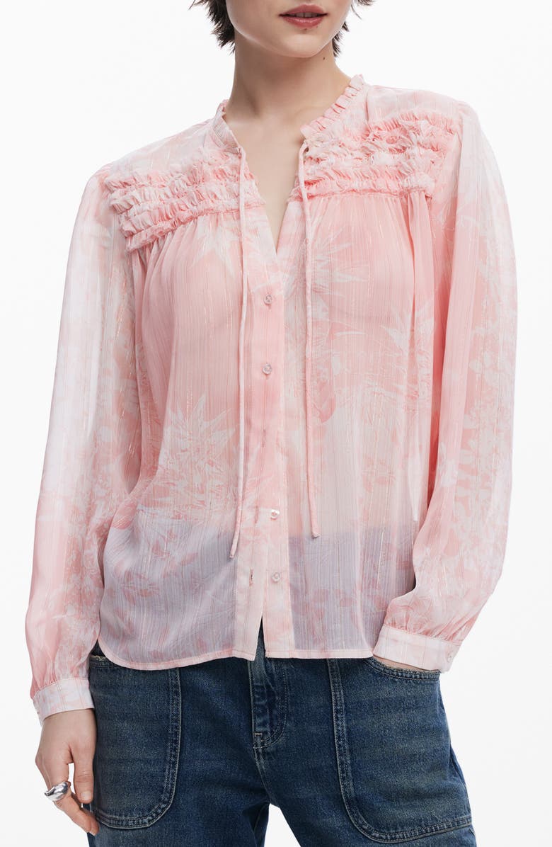 Desigual Ruffle Metallic Tie Neck Top, Main, color,