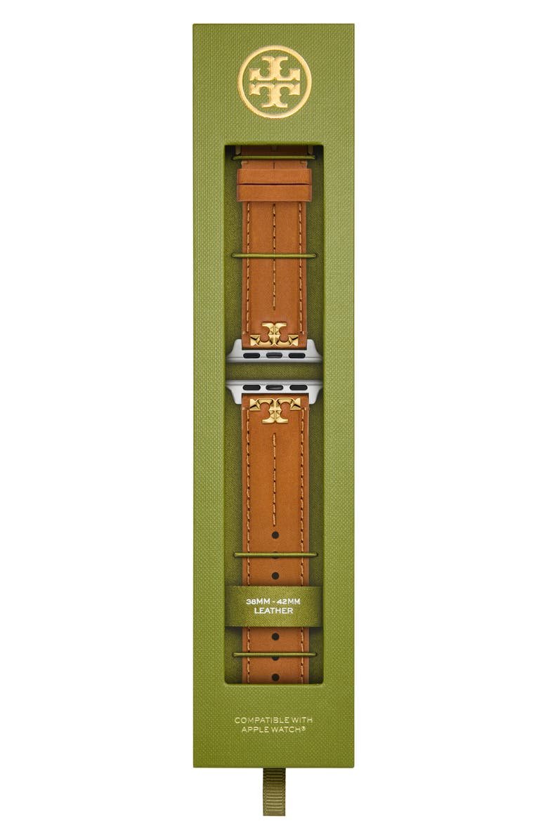 Tory Burch The Kira Leather 20mm Apple Watch<sup>®</sup> Watchband, Alternate, color, Brown