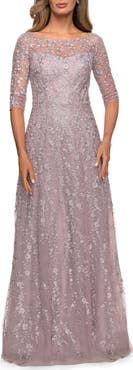 La Femme Floor Length Floral Dress with Three Quarter Sleeves