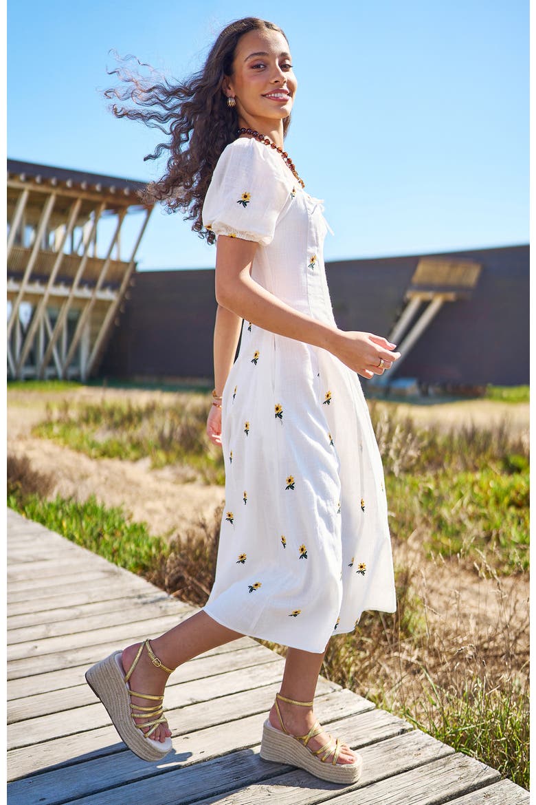 Cotton Sunflower Embroidered Midi Dress, Alternate, color, White