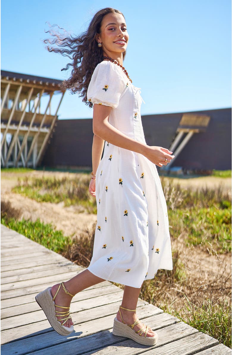 Yumi Cotton Sunflower Embroidered Midi Dress, Alternate, color, White