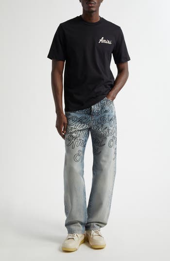 Script Distressed Straight Leg Jeans