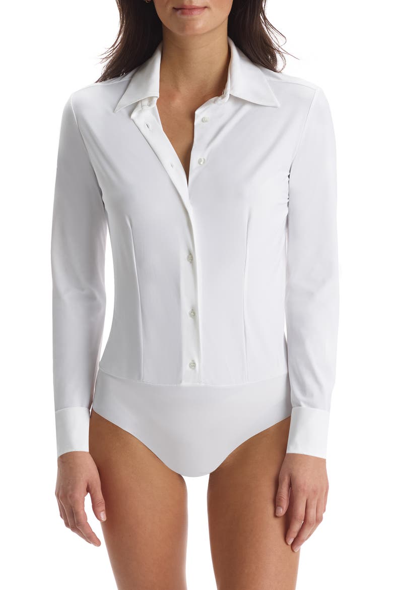 Classic Long Sleeve Button-Down Thong Bodysuit, Main, color, WHITE