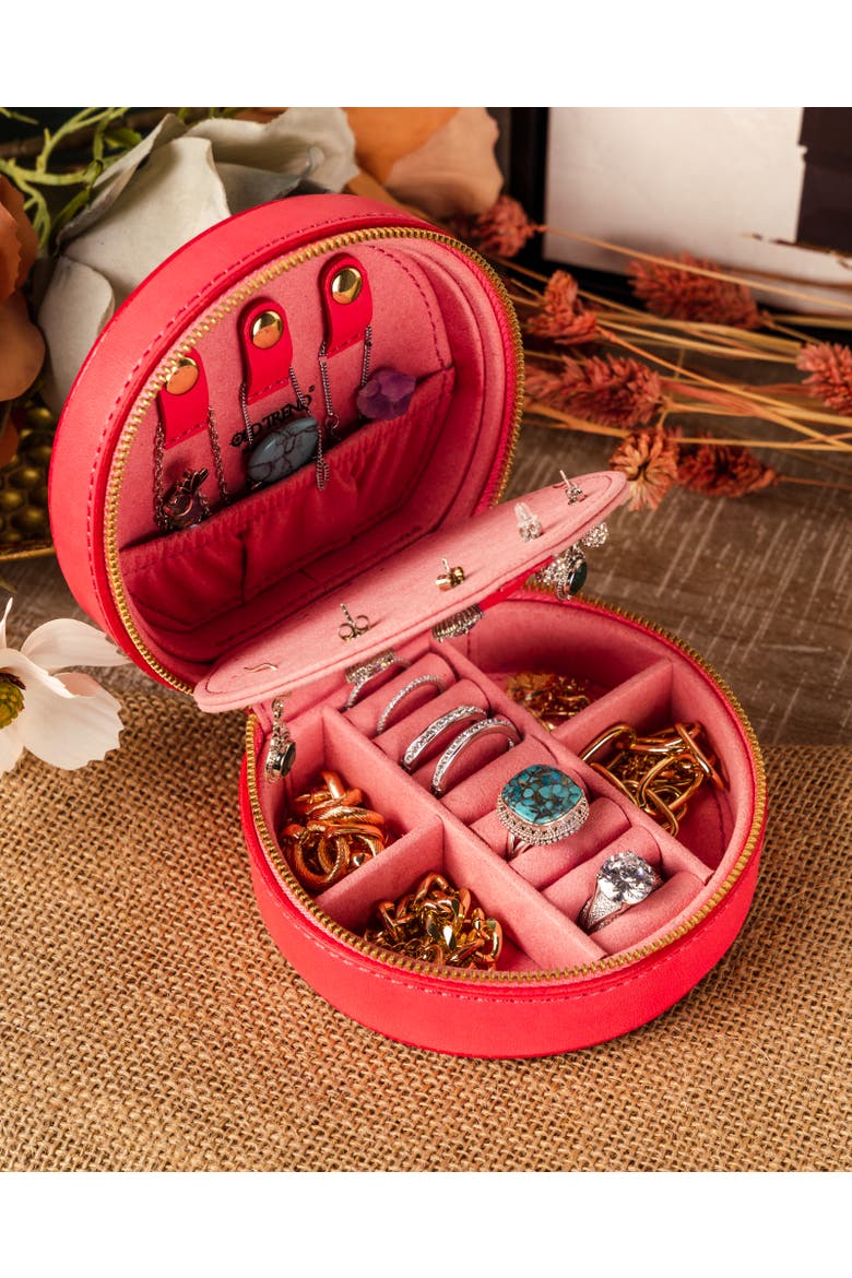 Round Genuine Leather Travel Jewelry Box, Alternate, color, Pink