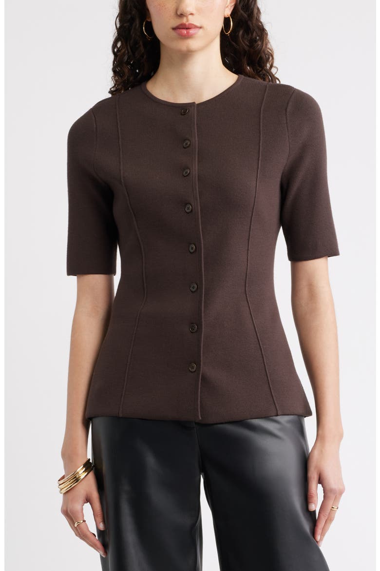 Crewneck Elbow Sleeve Cardigan, Main, color, BROWN MOLE