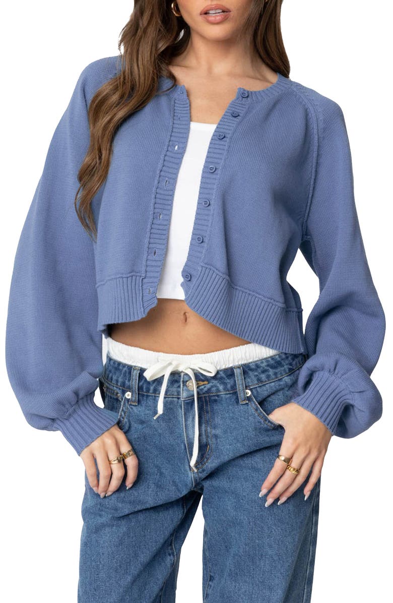 EDIKTED Sammi Balloon Sleeve Cotton Crop Cardigan, Main, color, Blue