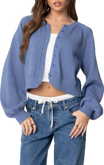 EDIKTED Sammi Balloon Sleeve Cotton Crop Cardigan | Nordstrom