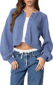 EDIKTED Sammi Balloon Sleeve Cotton Crop Cardigan