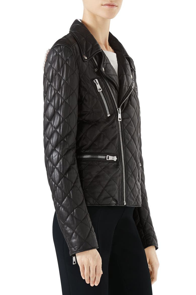 Logo Quilted Leather Biker Jacket, Alternate, color, BLACK