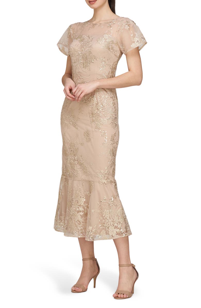 JS Collections Lia Sequin & Embroidery Trumpet Dress, Alternate, color, Gold/ Beige