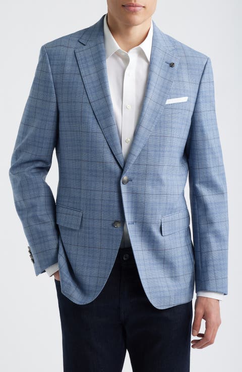 Hutson Slim Fit Light Blue Windowpane Check Slub Sport Coat