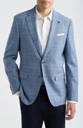 BOSS Hutson Slim Fit Light Blue Windowpane Check Slub Sport Coat