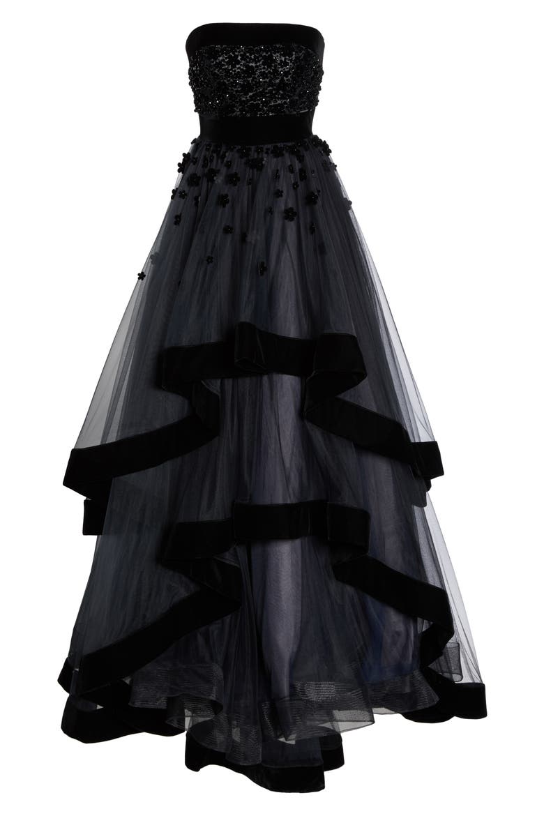 Beaded Strapless Tiered Ballgown, Alternate, color, BLACK