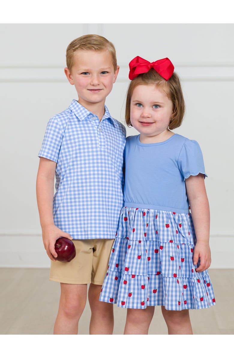 RuffleButts Mixed Media Short Sleeve Tiered Dress, Alternate, color, Apple Orchard Classic Gingham