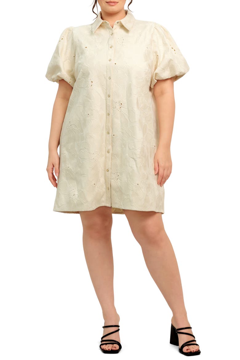 Floral Textured Puff Sleeve Cotton Shirtdress, Main, color, CREAM