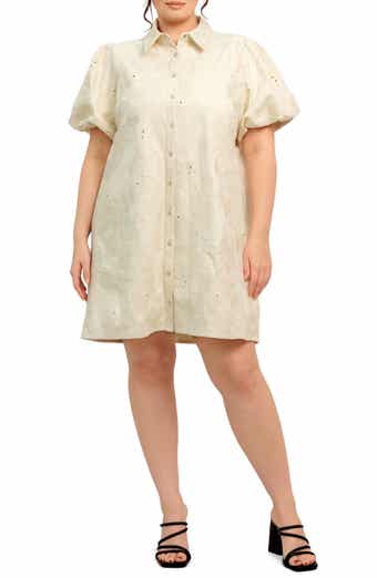 FLYING TOMATO Floral Textured Puff Sleeve Cotton Shirtdress