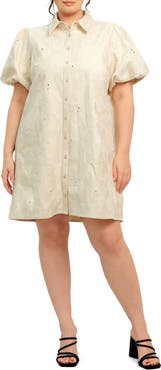 FLYING TOMATO Floral Textured Puff Sleeve Cotton Shirtdress