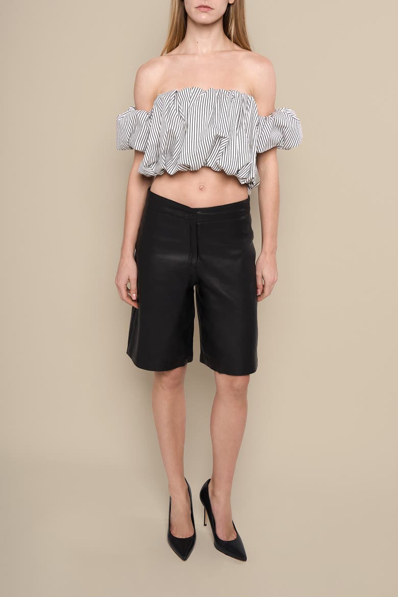 Good Striped Bubble Silhouette Off-Shoulder Crop Top, Alternate, color, Black-white