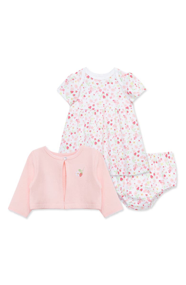 Little Me Strawberry Dress, Bloomers & Cardigan Set, Main, color,
