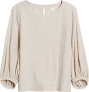 Caslon® Balloon Sleeve Linen Blend Top