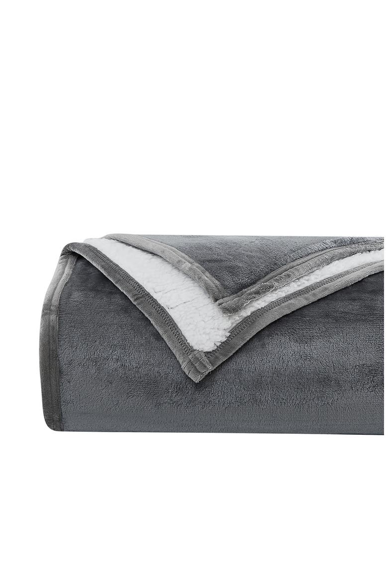 Microfleece Faux Shearling Lined Reversible Throw Blanket - 50" x 70", Alternate, color, SLATE