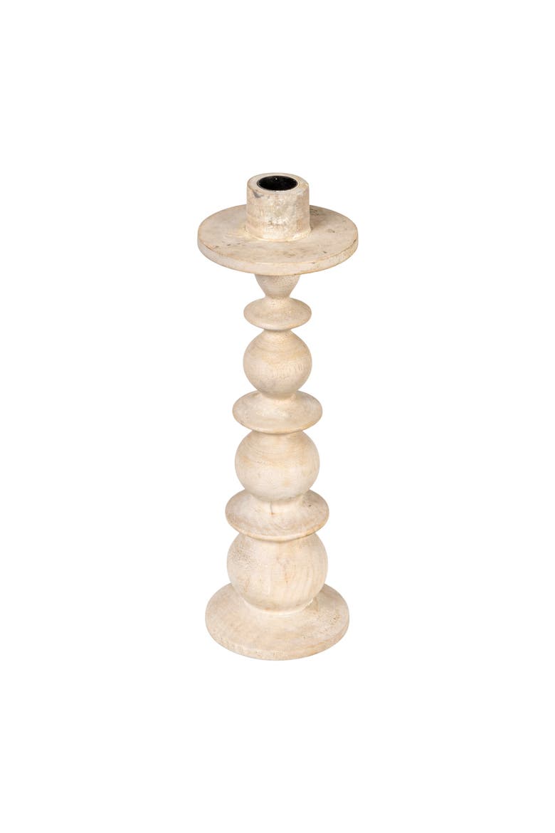 Round Carved Mango Wood Taper Holder, Walnut Finish, Main, color, White