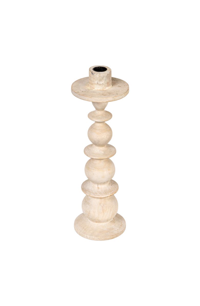 Storied Home Round Carved Mango Wood Taper Holder, Walnut Finish, Main, color, White
