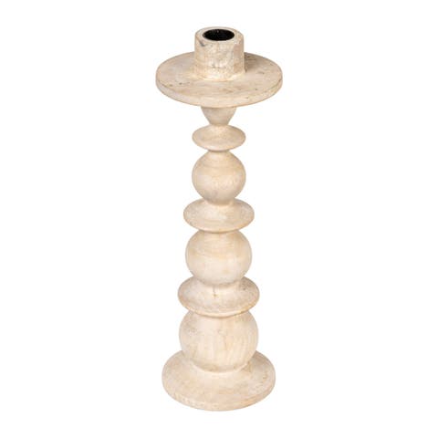 Round Carved Mango Wood Taper Holder, Walnut Finish