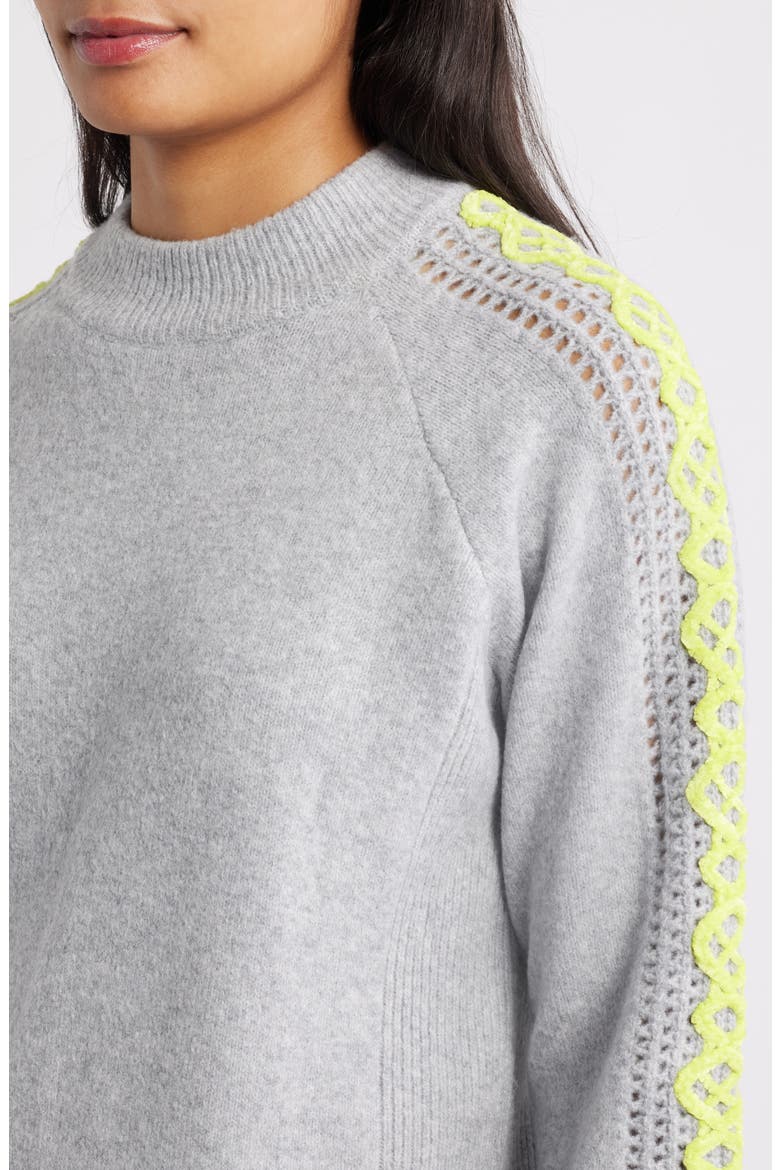 Embroidered Sleeve Mock Neck Sweater, Alternate, color, HEATHER GREY