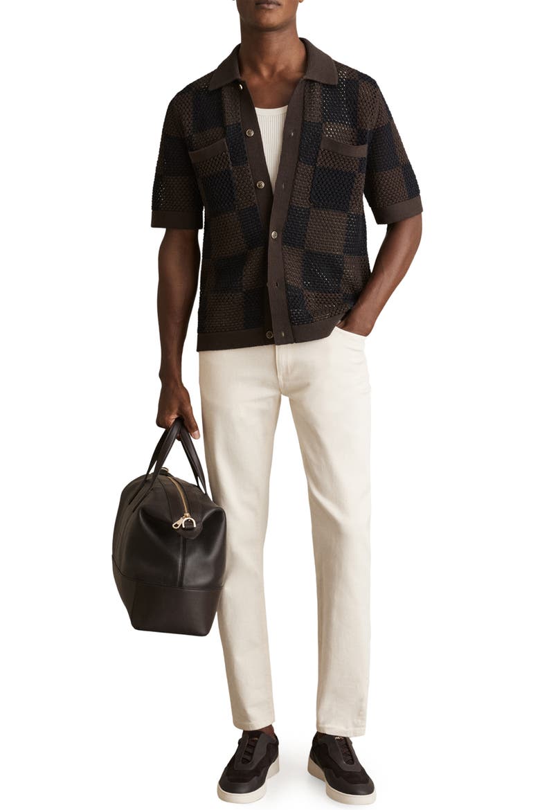 Alfred Open Knit Short Sleeve Button-Up Shirt, Alternate, color, CHOCOLATE/ NAVY