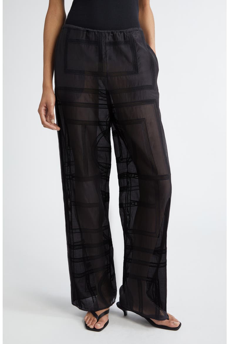 Monogram Open Stitch Organic Cotton & Silk PJ Bottoms, Main, color, BLACK