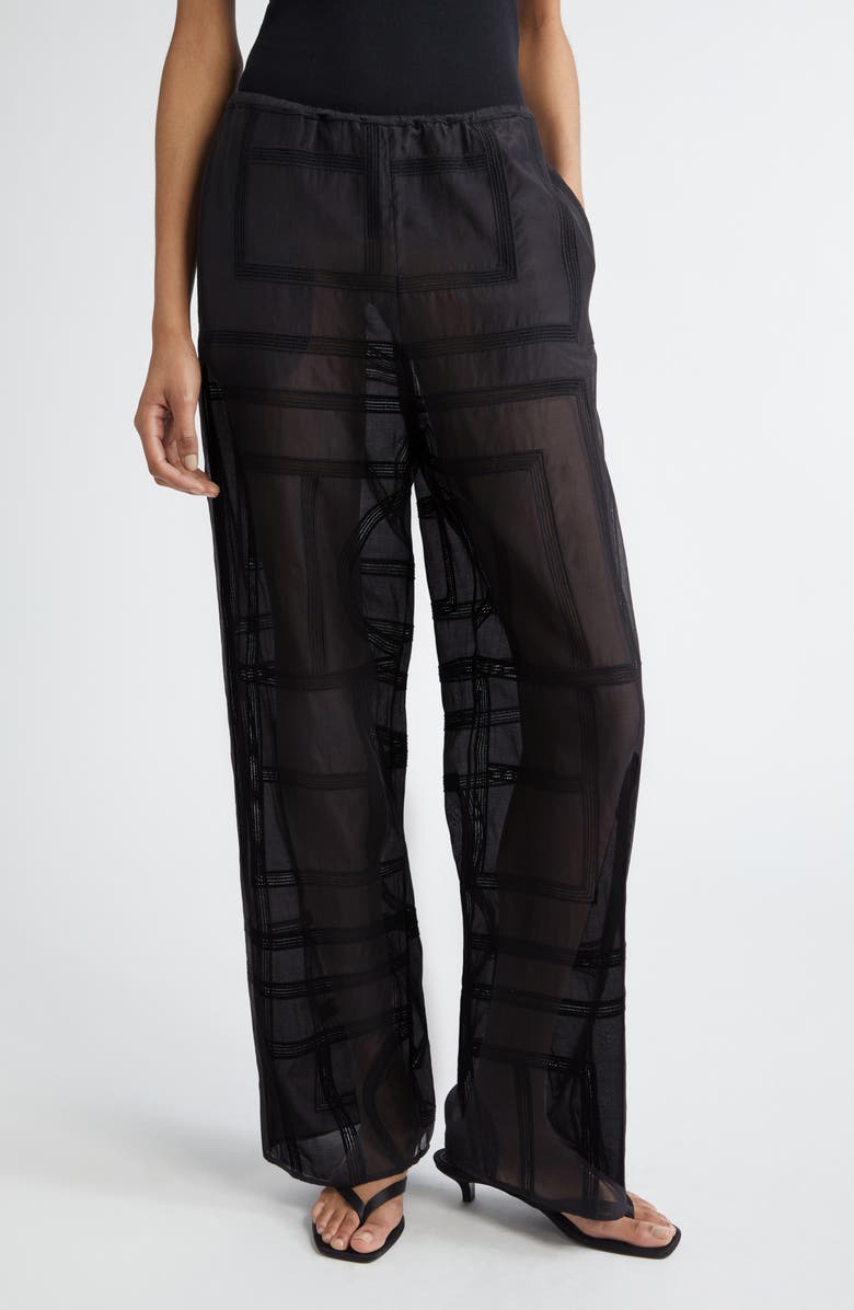 TOTEME Monogram Open Stitch Organic Cotton & Silk PJ Bottoms, Main, color, Black