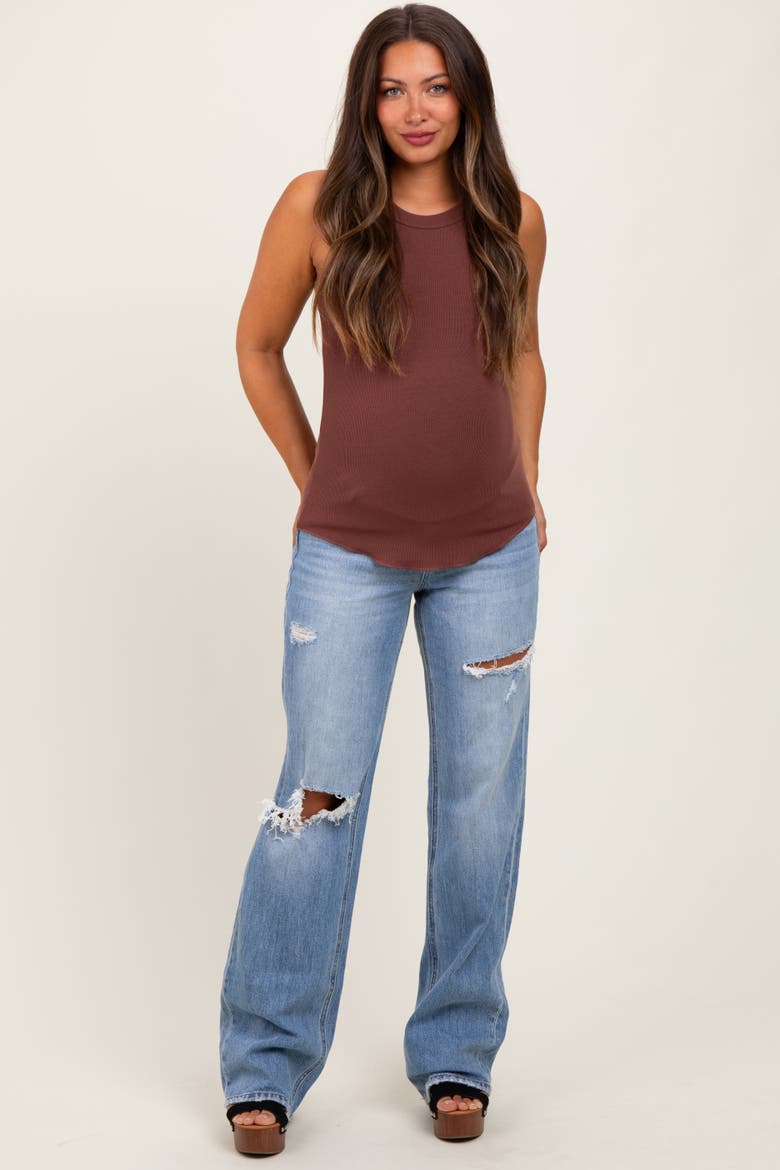 Distressed Open Knee Straight Leg Maternity Jeans, Alternate, color, Light Blue