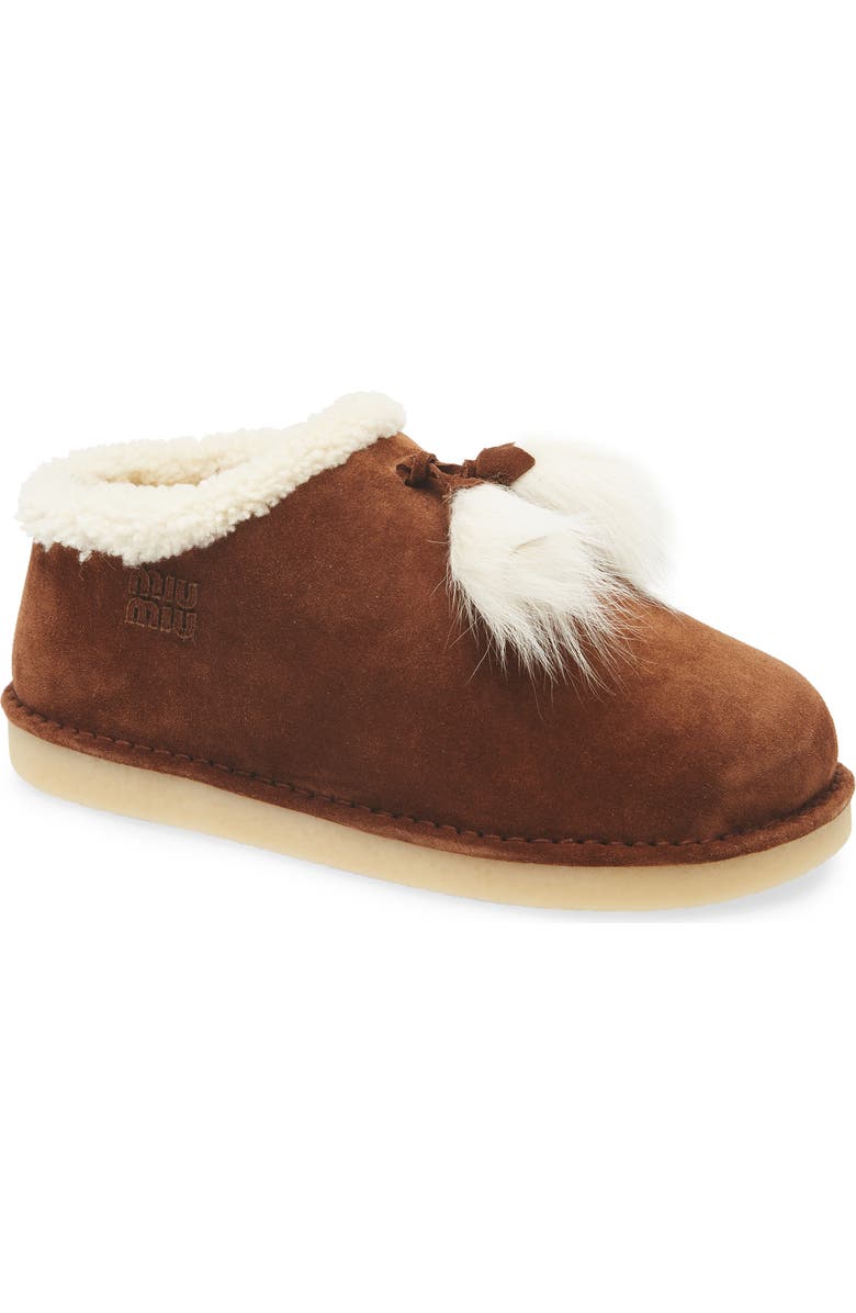 Miu Miu Shearling Tassel Slipper, Main, color, Cacao
