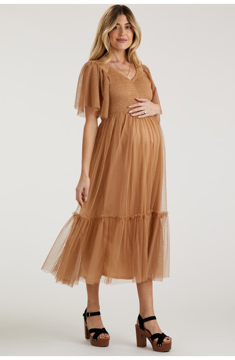 PinkBlush Dotted Tulle Smocked Maternity Midi Dress, Alternate, color, Camel