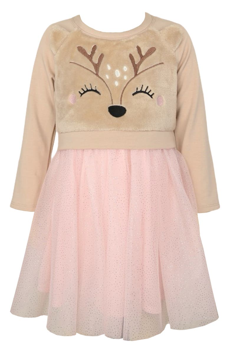 Zunie Kids' Reindeer Embroidered Twofer Dress, Main, color, Tan/ Blush