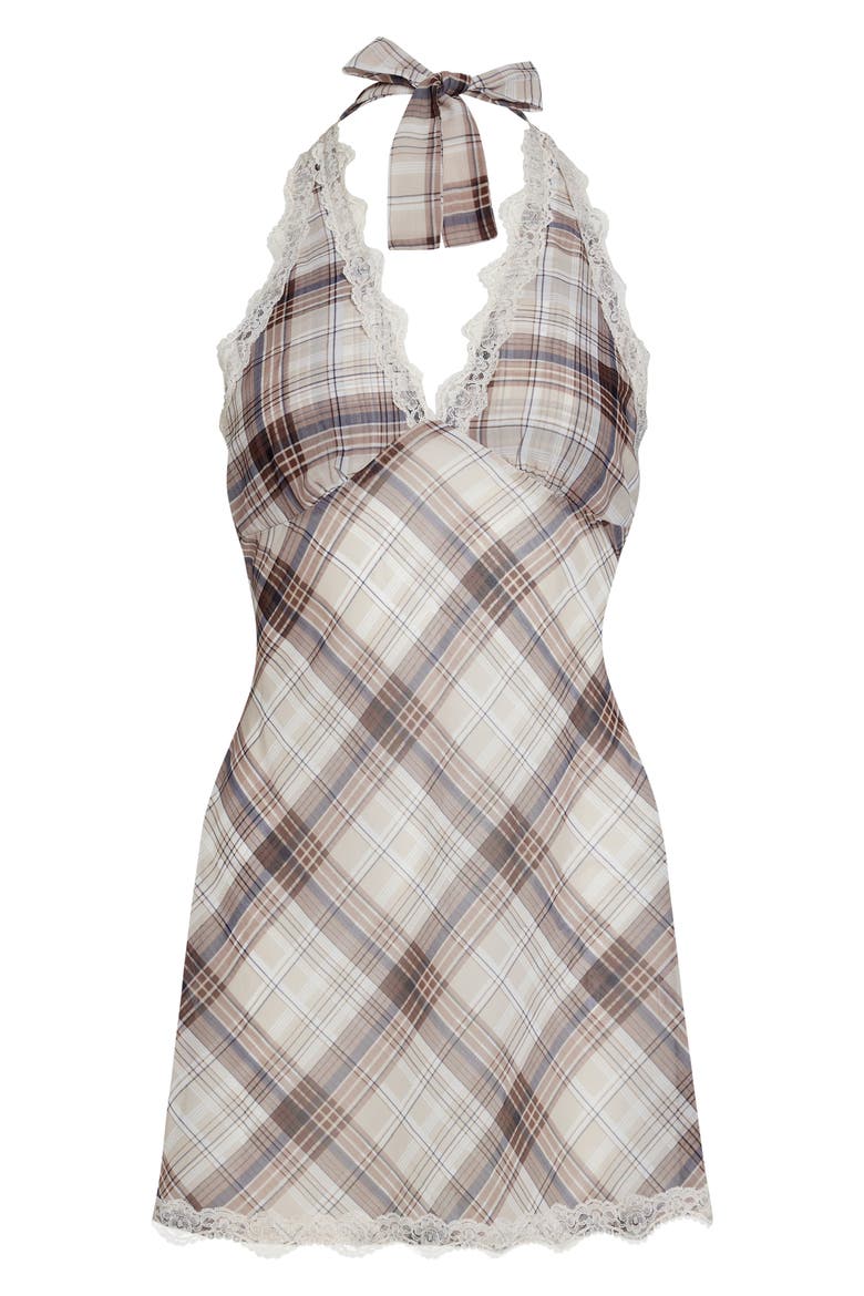 Stars Align Plaid Lace Trim Halter Minidress, Alternate, color, TAN PLAID
