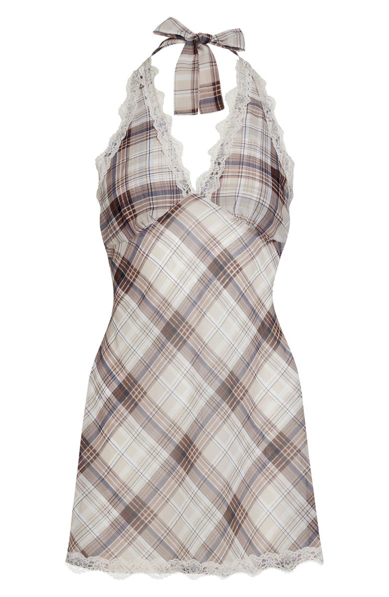 LIONESS Stars Align Plaid Lace Trim Halter Minidress, Alternate, color, Tan Plaid