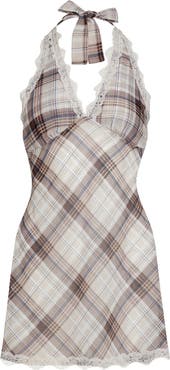 LIONESS Stars Align Plaid Lace Trim Halter Minidress