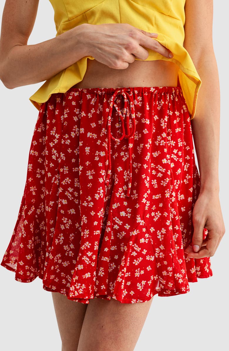 All in Favor Flowy Print Pull-On Miniskirt, Alternate, color, Red Ditsy