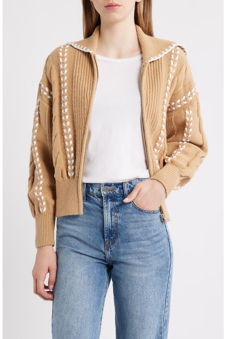 Lune Whipstitch Detail Cotton Blend Bomber Sweater, Main, color, CAMEL IVORY BLANKET