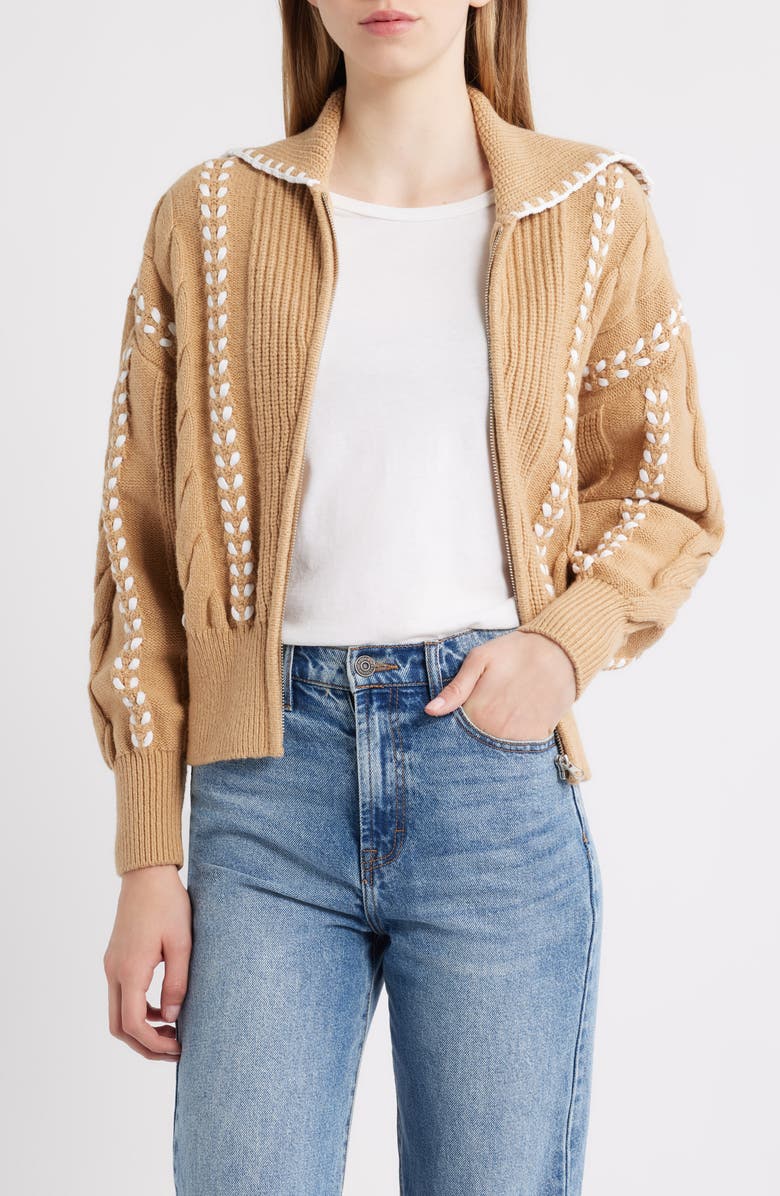 Rails Lune Whipstitch Detail Cotton Blend Bomber Sweater, Main, color, Camel Ivory Blanket